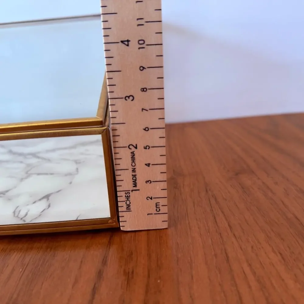 Glass Gold Display Box Lidded Faux Marble Chain Latch Trinket Jewelry 12 x 8